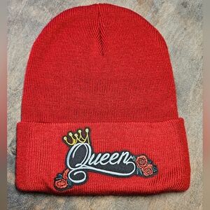 NWT Red 'Queen' Beanie with Embroidery Patch